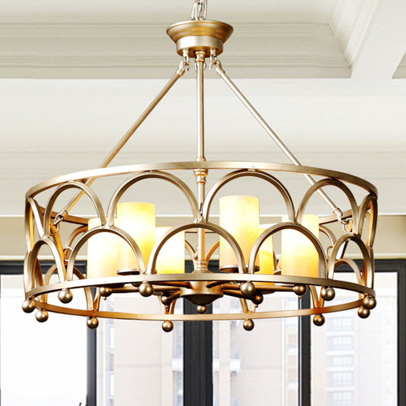 8 Lights Marble Pendant Chandelier Traditional Gold Cylindrical Bedroom Ceiling Lamp with Round Cage Clearhalo 'Ceiling Lights' 'Chandeliers' Lighting' options 1456331