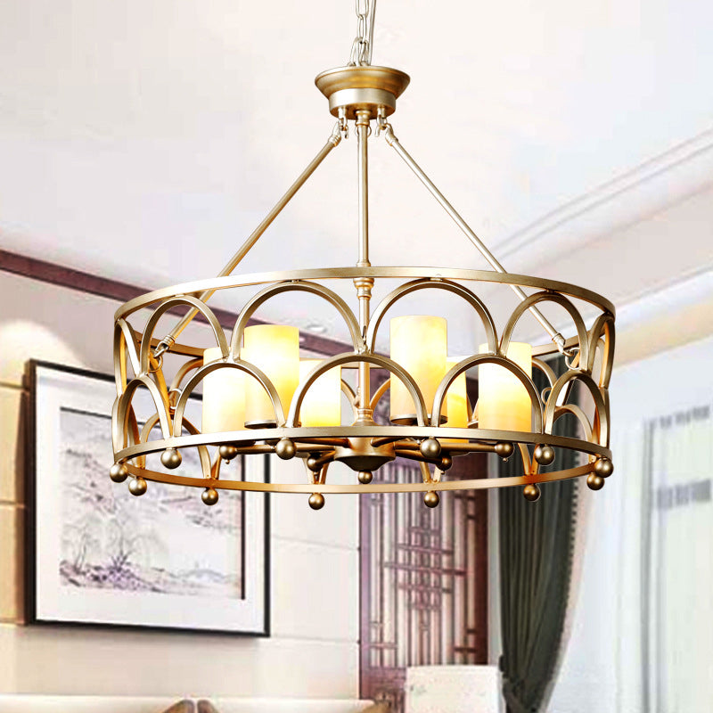 8 Lights Marble Pendant Chandelier Traditional Gold Cylindrical Bedroom Ceiling Lamp with Round Cage Clearhalo 'Ceiling Lights' 'Chandeliers' Lighting' options 1456333