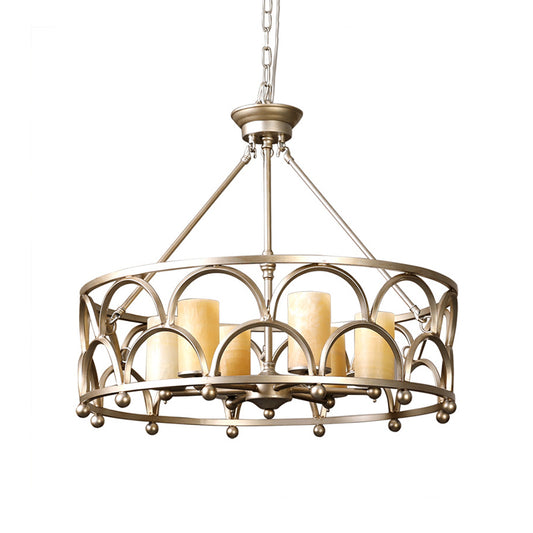 8 Lights Marble Pendant Chandelier Traditional Gold Cylindrical Bedroom Ceiling Lamp with Round Cage Clearhalo 'Ceiling Lights' 'Chandeliers' Lighting' options 1456334