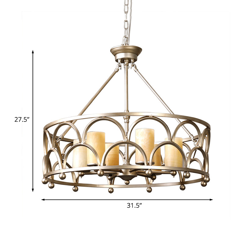8 Lights Marble Pendant Chandelier Traditional Gold Cylindrical Bedroom Ceiling Lamp with Round Cage Clearhalo 'Ceiling Lights' 'Chandeliers' Lighting' options 1456335
