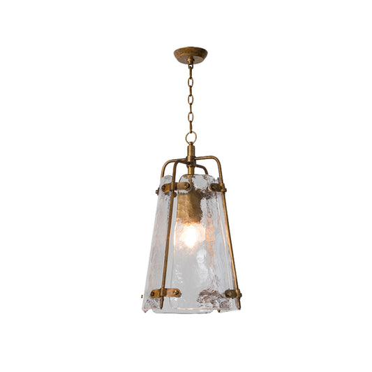Traditional Conical Suspended Lighting Fixture 1 Bulb Clear Ripple Glass Pendant in Gold with Metal Cage Clearhalo 'Ceiling Lights' 'Glass shade' 'Glass' 'Pendant Lights' 'Pendants' Lighting' 1456349