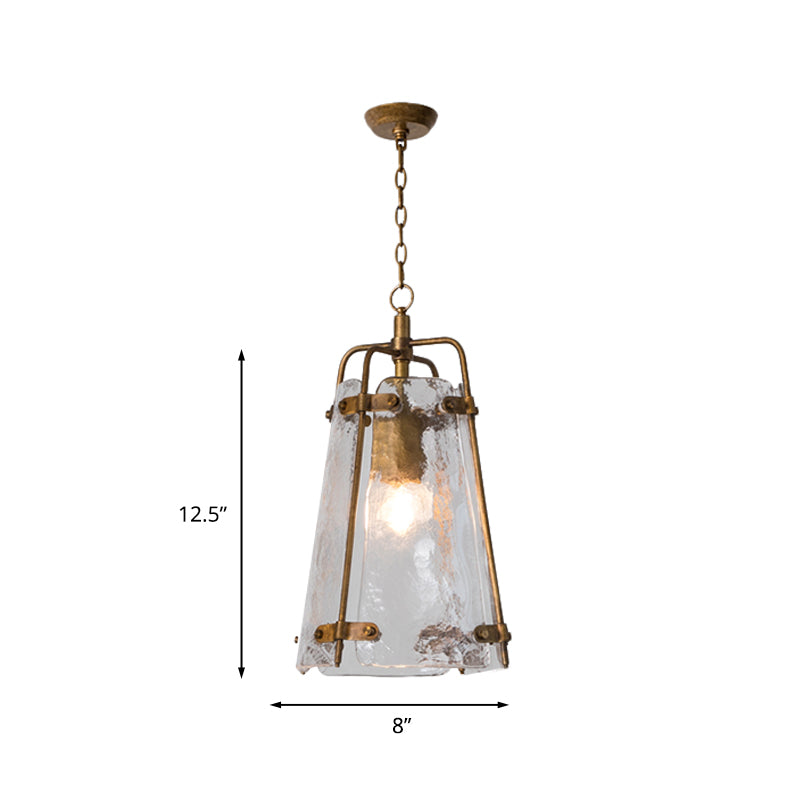 Traditional Conical Suspended Lighting Fixture 1 Bulb Clear Ripple Glass Pendant in Gold with Metal Cage Clearhalo 'Ceiling Lights' 'Glass shade' 'Glass' 'Pendant Lights' 'Pendants' Lighting' 1456350