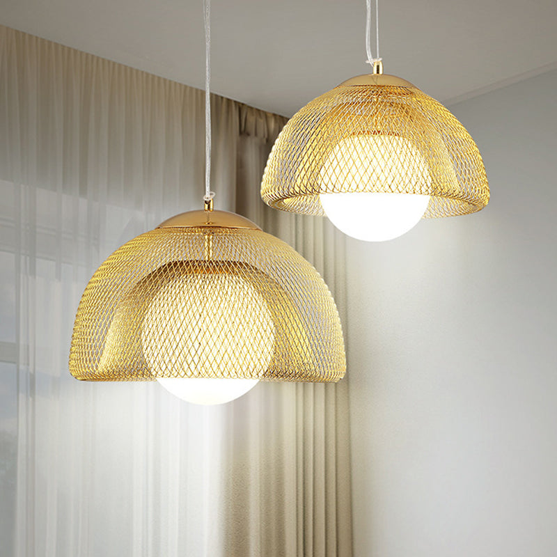 Opal Matte Glass Globe Pendant Light Vintage 12"/16" Wide 1 Light Hanging Lamp Kit with Dual Mesh Screen in Gold Clearhalo 'Ceiling Lights' 'Modern Pendants' 'Modern' 'Pendant Lights' 'Pendants' Lighting' 1456501