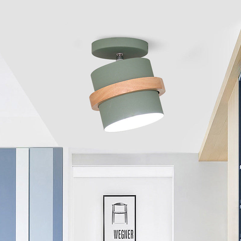 Rotating Mini Barrel Corridor Semi Flush Iron 1 Bulb Macaron Ceiling Mounted Lamp in Grey/Green/White with Wood Ring Band Clearhalo 'Ceiling Lights' 'Close To Ceiling Lights' 'Close to ceiling' 'Semi-flushmount' Lighting' 1456525