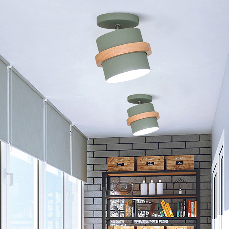 Rotating Mini Barrel Corridor Semi Flush Iron 1 Bulb Macaron Ceiling Mounted Lamp in Grey/Green/White with Wood Ring Band Clearhalo 'Ceiling Lights' 'Close To Ceiling Lights' 'Close to ceiling' 'Semi-flushmount' Lighting' 1456526