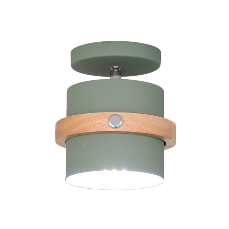 Rotating Mini Barrel Corridor Semi Flush Iron 1 Bulb Macaron Ceiling Mounted Lamp in Grey/Green/White with Wood Ring Band Clearhalo 'Ceiling Lights' 'Close To Ceiling Lights' 'Close to ceiling' 'Semi-flushmount' Lighting' 1456527