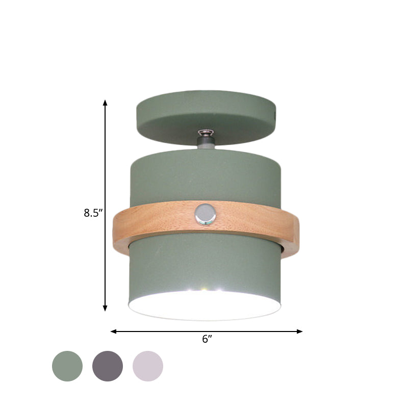 Rotating Mini Barrel Corridor Semi Flush Iron 1 Bulb Macaron Ceiling Mounted Lamp in Grey/Green/White with Wood Ring Band Clearhalo 'Ceiling Lights' 'Close To Ceiling Lights' 'Close to ceiling' 'Semi-flushmount' Lighting' 1456528