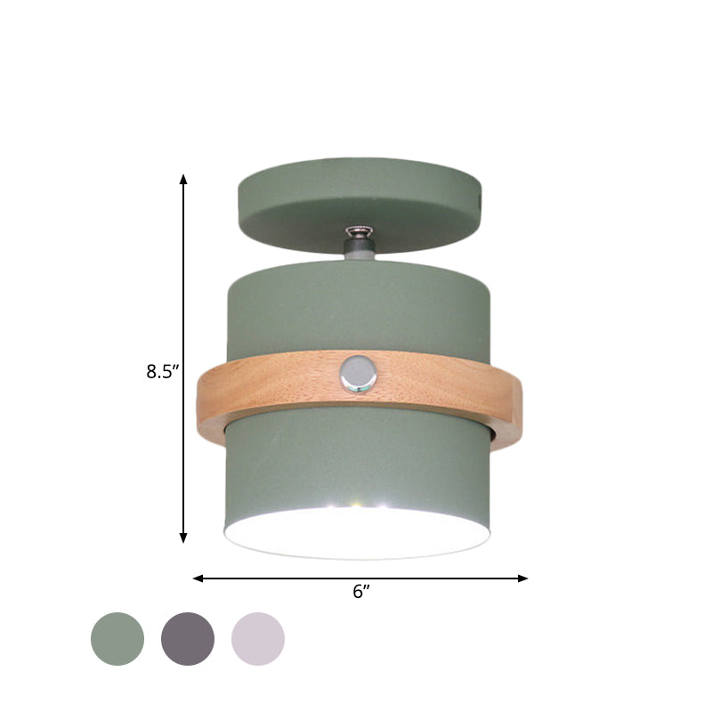 Rotating Mini Barrel Corridor Semi Flush Iron 1 Bulb Macaron Ceiling Mounted Lamp in Grey/Green/White with Wood Ring Band Clearhalo 'Ceiling Lights' 'Close To Ceiling Lights' 'Close to ceiling' 'Semi-flushmount' Lighting' 1456528