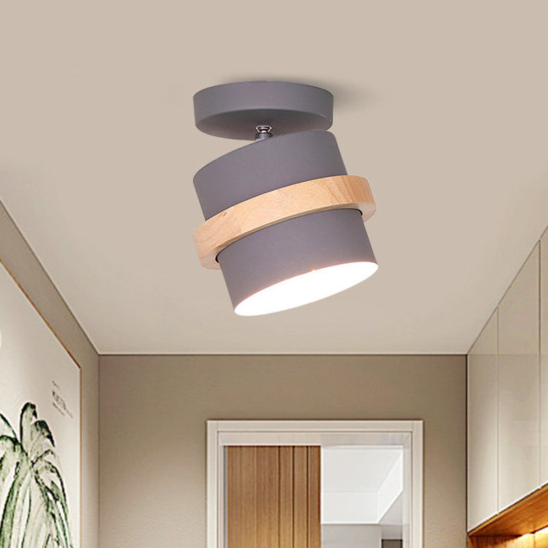 Rotating Mini Barrel Corridor Semi Flush Iron 1 Bulb Macaron Ceiling Mounted Lamp in Grey/Green/White with Wood Ring Band Clearhalo 'Ceiling Lights' 'Close To Ceiling Lights' 'Close to ceiling' 'Semi-flushmount' Lighting' 1456530