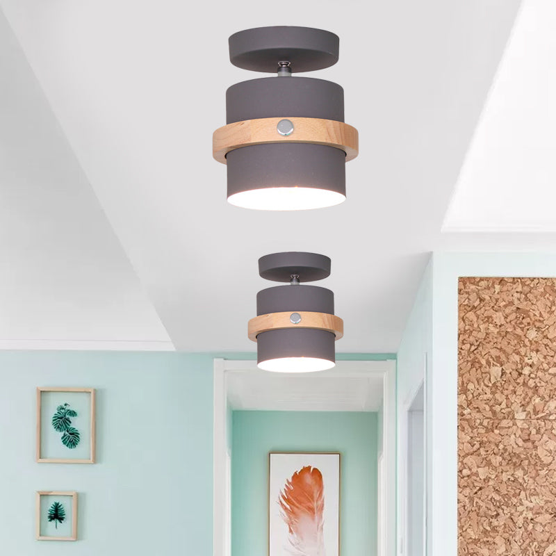 Rotating Mini Barrel Corridor Semi Flush Iron 1 Bulb Macaron Ceiling Mounted Lamp in Grey/Green/White with Wood Ring Band Clearhalo 'Ceiling Lights' 'Close To Ceiling Lights' 'Close to ceiling' 'Semi-flushmount' Lighting' 1456531