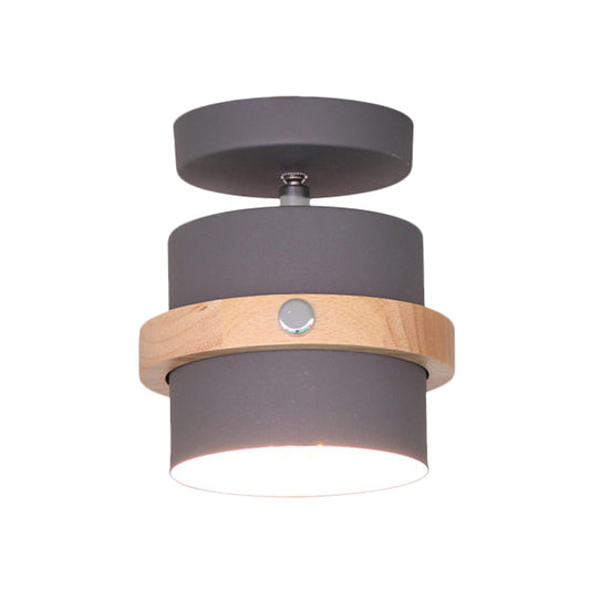 Rotating Mini Barrel Corridor Semi Flush Iron 1 Bulb Macaron Ceiling Mounted Lamp in Grey/Green/White with Wood Ring Band Clearhalo 'Ceiling Lights' 'Close To Ceiling Lights' 'Close to ceiling' 'Semi-flushmount' Lighting' 1456532