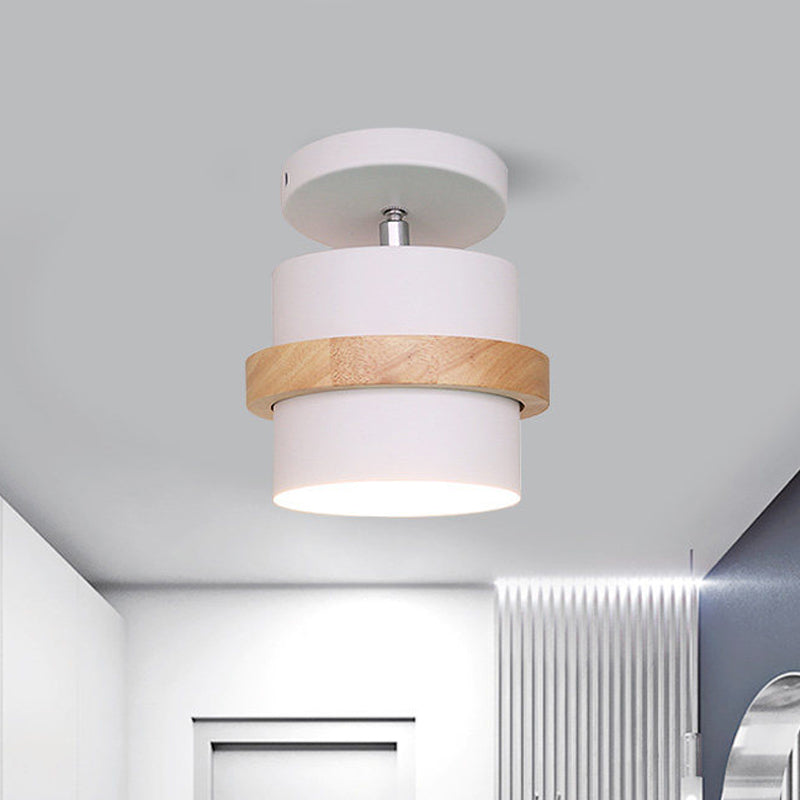 Rotating Mini Barrel Corridor Semi Flush Iron 1 Bulb Macaron Ceiling Mounted Lamp in Grey/Green/White with Wood Ring Band Clearhalo 'Ceiling Lights' 'Close To Ceiling Lights' 'Close to ceiling' 'Semi-flushmount' Lighting' 1456534