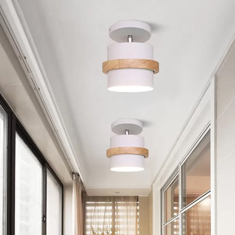 Rotating Mini Barrel Corridor Semi Flush Iron 1 Bulb Macaron Ceiling Mounted Lamp in Grey/Green/White with Wood Ring Band Clearhalo 'Ceiling Lights' 'Close To Ceiling Lights' 'Close to ceiling' 'Semi-flushmount' Lighting' 1456535