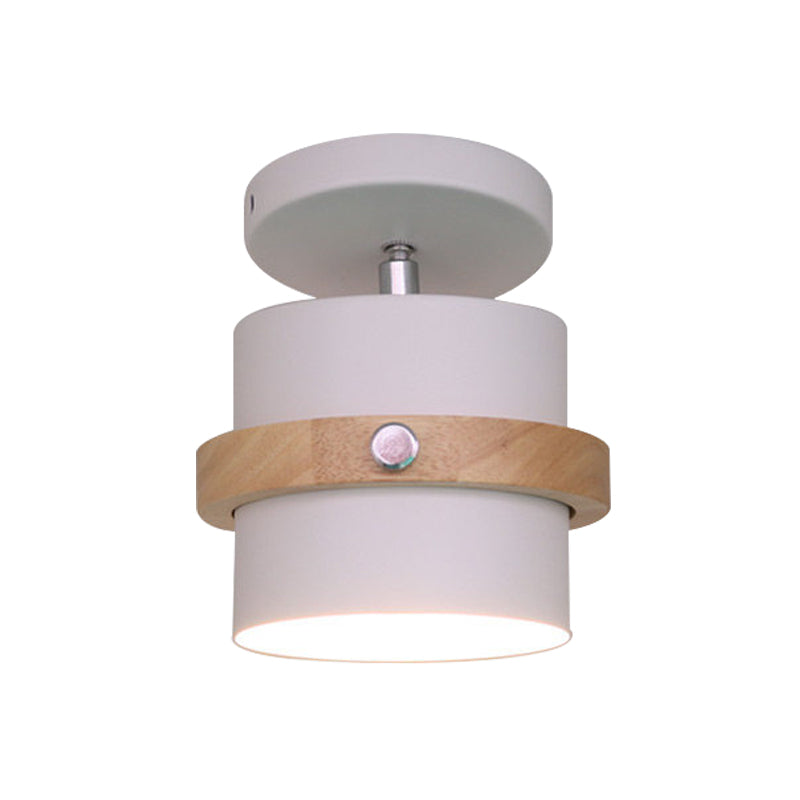 Rotating Mini Barrel Corridor Semi Flush Iron 1 Bulb Macaron Ceiling Mounted Lamp in Grey/Green/White with Wood Ring Band Clearhalo 'Ceiling Lights' 'Close To Ceiling Lights' 'Close to ceiling' 'Semi-flushmount' Lighting' 1456536