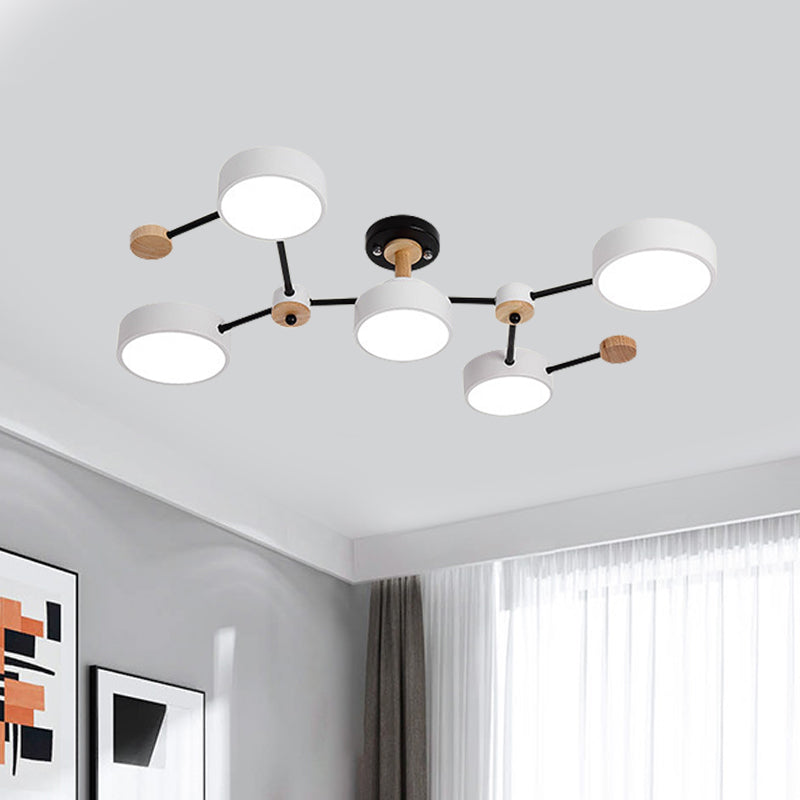 White/Grey Round Shade Ceiling Lamp Nordic 5 Bulbs Iron Semi Flush Mount Fixture with Vine Design Clearhalo 'Ceiling Lights' 'Close To Ceiling Lights' 'Close to ceiling' 'Semi-flushmount' Lighting' 1456554