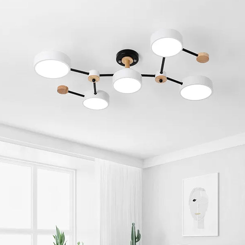White/Grey Round Shade Ceiling Lamp Nordic 5 Bulbs Iron Semi Flush Mount Fixture with Vine Design Clearhalo 'Ceiling Lights' 'Close To Ceiling Lights' 'Close to ceiling' 'Semi-flushmount' Lighting' 1456555