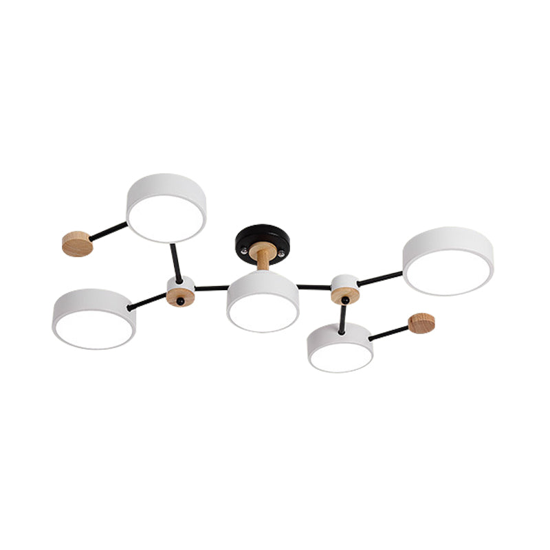White/Grey Round Shade Ceiling Lamp Nordic 5 Bulbs Iron Semi Flush Mount Fixture with Vine Design Clearhalo 'Ceiling Lights' 'Close To Ceiling Lights' 'Close to ceiling' 'Semi-flushmount' Lighting' 1456556