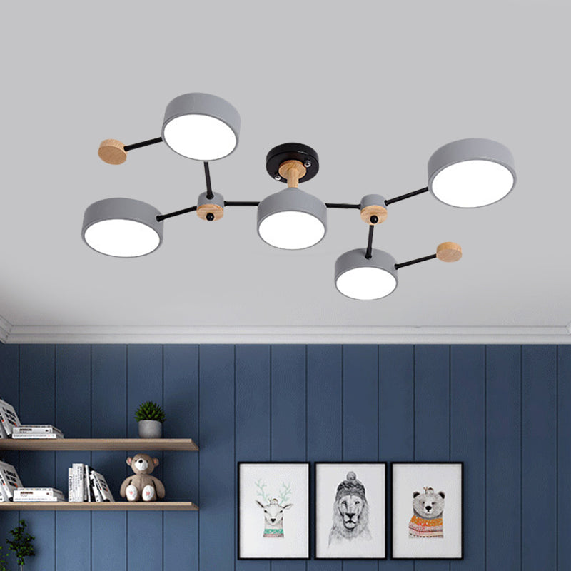 White/Grey Round Shade Ceiling Lamp Nordic 5 Bulbs Iron Semi Flush Mount Fixture with Vine Design Clearhalo 'Ceiling Lights' 'Close To Ceiling Lights' 'Close to ceiling' 'Semi-flushmount' Lighting' 1456559