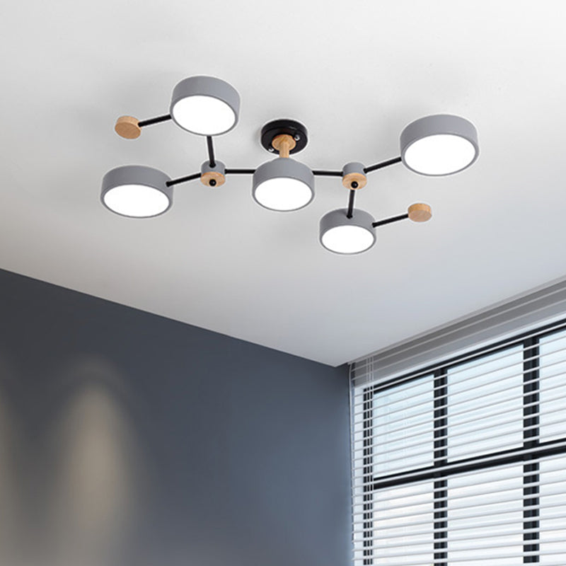 White/Grey Round Shade Ceiling Lamp Nordic 5 Bulbs Iron Semi Flush Mount Fixture with Vine Design Clearhalo 'Ceiling Lights' 'Close To Ceiling Lights' 'Close to ceiling' 'Semi-flushmount' Lighting' 1456560