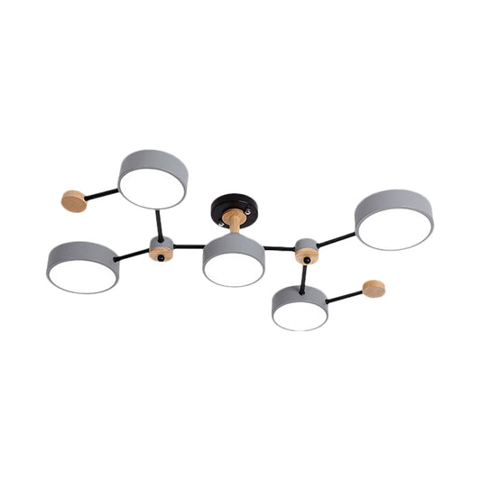 White/Grey Round Shade Ceiling Lamp Nordic 5 Bulbs Iron Semi Flush Mount Fixture with Vine Design Clearhalo 'Ceiling Lights' 'Close To Ceiling Lights' 'Close to ceiling' 'Semi-flushmount' Lighting' 1456561