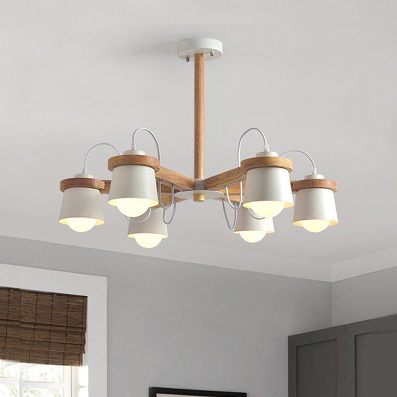Wheel Style Wood Semi Flush Nordic 6 Bulbs White Ceiling Mount Chandelier with Barrel Lampshade Clearhalo 'Ceiling Lights' 'Close To Ceiling Lights' 'Close to ceiling' 'Semi-flushmount' Lighting' 1456583