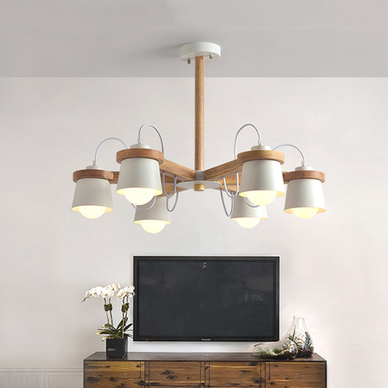 Wheel Style Wood Semi Flush Nordic 6 Bulbs White Ceiling Mount Chandelier with Barrel Lampshade Clearhalo 'Ceiling Lights' 'Close To Ceiling Lights' 'Close to ceiling' 'Semi-flushmount' Lighting' 1456584