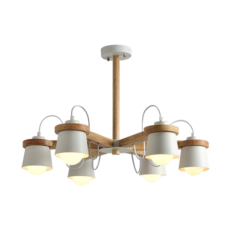Wheel Style Wood Semi Flush Nordic 6 Bulbs White Ceiling Mount Chandelier with Barrel Lampshade Clearhalo 'Ceiling Lights' 'Close To Ceiling Lights' 'Close to ceiling' 'Semi-flushmount' Lighting' 1456585