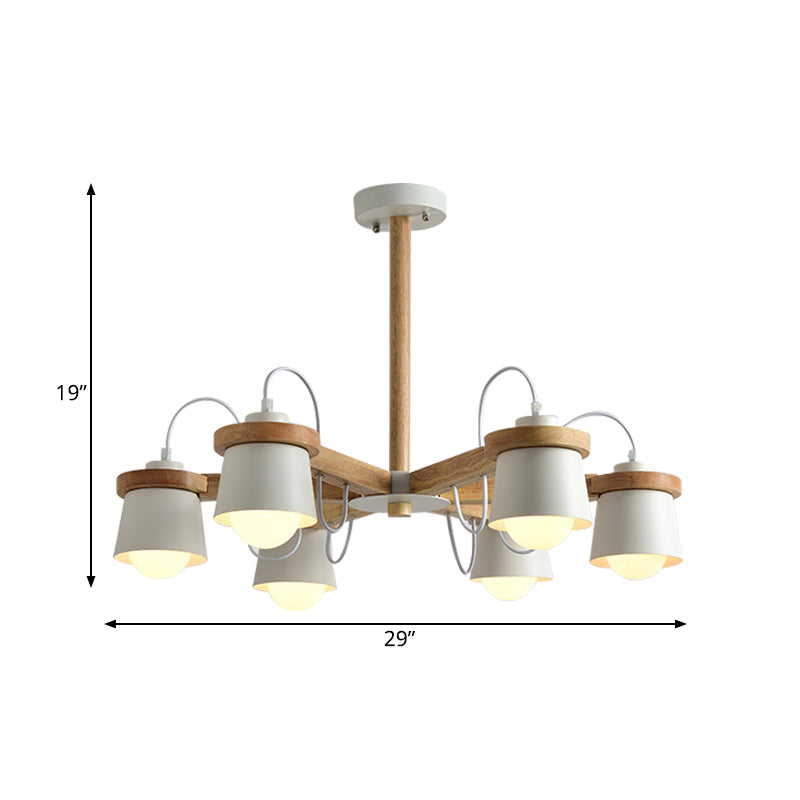 Wheel Style Wood Semi Flush Nordic 6 Bulbs White Ceiling Mount Chandelier with Barrel Lampshade Clearhalo 'Ceiling Lights' 'Close To Ceiling Lights' 'Close to ceiling' 'Semi-flushmount' Lighting' 1456586