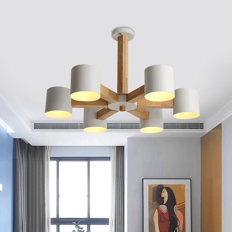 Cylindrical Lounge Ceiling Lamp Metal 6 Heads Nordic Semi Flush Mount Chandelier in White with Wood Burst Designed Stem