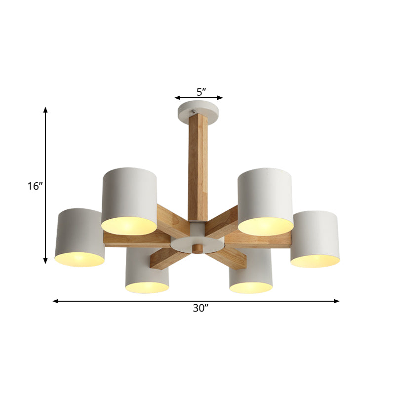 Cylindrical Lounge Ceiling Lamp Metal 6 Heads Nordic Semi Flush Mount Chandelier in White with Wood Burst Designed Stem