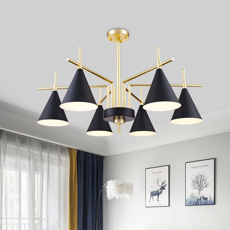 Mid Century Conic Iron Semi Flush 6-Light Flush Mount Ceiling Chandelier in Black-Gold with Radial Design for Bedroom - Clearhalo - 'Ceiling Lights' - 'Close To Ceiling Lights' - 'Close to ceiling' - 'Semi-flushmount' - Lighting' - 1456621