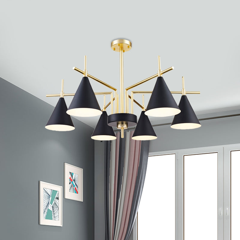 Mid Century Conic Iron Semi Flush 6-Light Flush Mount Ceiling Chandelier in Black-Gold with Radial Design for Bedroom - Clearhalo - 'Ceiling Lights' - 'Close To Ceiling Lights' - 'Close to ceiling' - 'Semi-flushmount' - Lighting' - 1456622