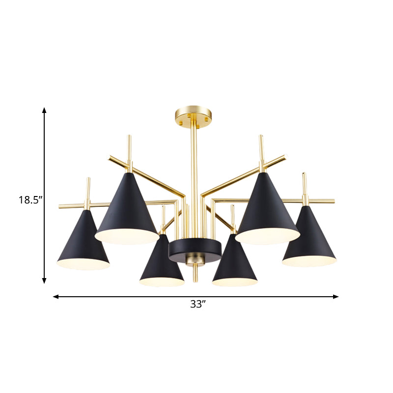Mid Century Conic Iron Semi Flush 6-Light Flush Mount Ceiling Chandelier in Black-Gold with Radial Design for Bedroom - Clearhalo - 'Ceiling Lights' - 'Close To Ceiling Lights' - 'Close to ceiling' - 'Semi-flushmount' - Lighting' - 1456624