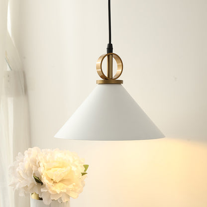 Conical Dining Table Suspension Light Metal 1 Head Minimalist Pendant Lamp in White with Ring Knob White Clearhalo 'Ceiling Lights' 'Modern Pendants' 'Modern' 'Pendant Lights' 'Pendants' Lighting' 1456685