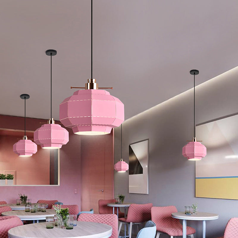 1 Bulb Dinette Pendulum Light Macaron Pink Hanging Pendant with Faceted Lantern Iron Shade Clearhalo 'Ceiling Lights' 'Modern Pendants' 'Modern' 'Pendant Lights' 'Pendants' Lighting' 1456705