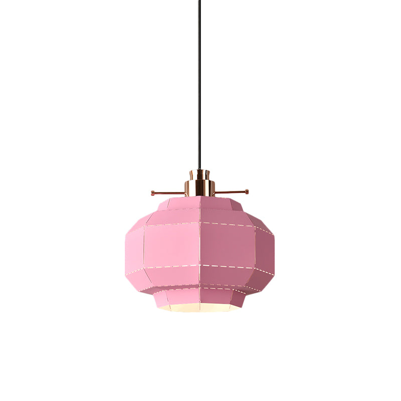 1 Bulb Dinette Pendulum Light Macaron Pink Hanging Pendant with Faceted Lantern Iron Shade Clearhalo 'Ceiling Lights' 'Modern Pendants' 'Modern' 'Pendant Lights' 'Pendants' Lighting' 1456706