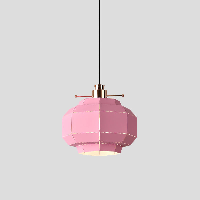 1 Bulb Dinette Pendulum Light Macaron Pink Hanging Pendant with Faceted Lantern Iron Shade Clearhalo 'Ceiling Lights' 'Modern Pendants' 'Modern' 'Pendant Lights' 'Pendants' Lighting' 1456707