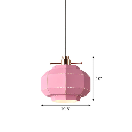 1 Bulb Dinette Pendulum Light Macaron Pink Hanging Pendant with Faceted Lantern Iron Shade Clearhalo 'Ceiling Lights' 'Modern Pendants' 'Modern' 'Pendant Lights' 'Pendants' Lighting' 1456708