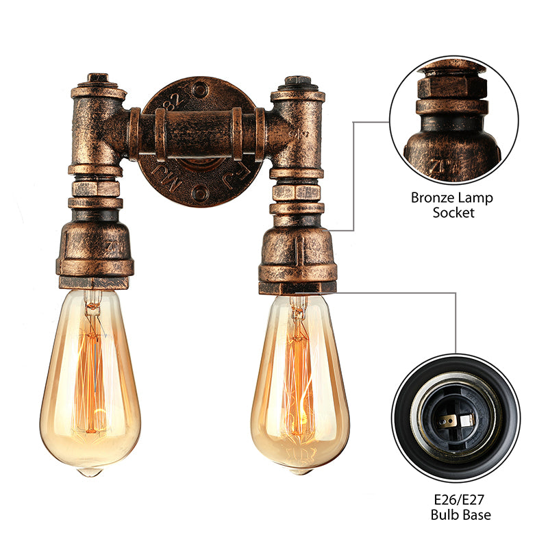 Industrial Bare Bulb Wall Sconce Lighting with Water Pipe 2 Lights Metallic Wall Mounted Lamp in Black/Antique Brass Clearhalo 'Art deco wall lights' 'Cast Iron' 'Glass' 'Industrial wall lights' 'Industrial' 'Middle century wall lights' 'Modern' 'Rustic wall lights' 'Tiffany' 'Traditional wall lights' 'Wall Lamps & Sconces' 'Wall Lights' Lighting' 145676