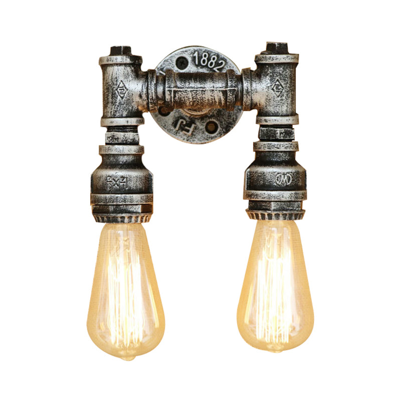 Industrial Bare Bulb Wall Sconce Lighting with Water Pipe 2 Lights Metallic Wall Mounted Lamp in Black/Antique Brass Clearhalo 'Art deco wall lights' 'Cast Iron' 'Glass' 'Industrial wall lights' 'Industrial' 'Middle century wall lights' 'Modern' 'Rustic wall lights' 'Tiffany' 'Traditional wall lights' 'Wall Lamps & Sconces' 'Wall Lights' Lighting' 145681