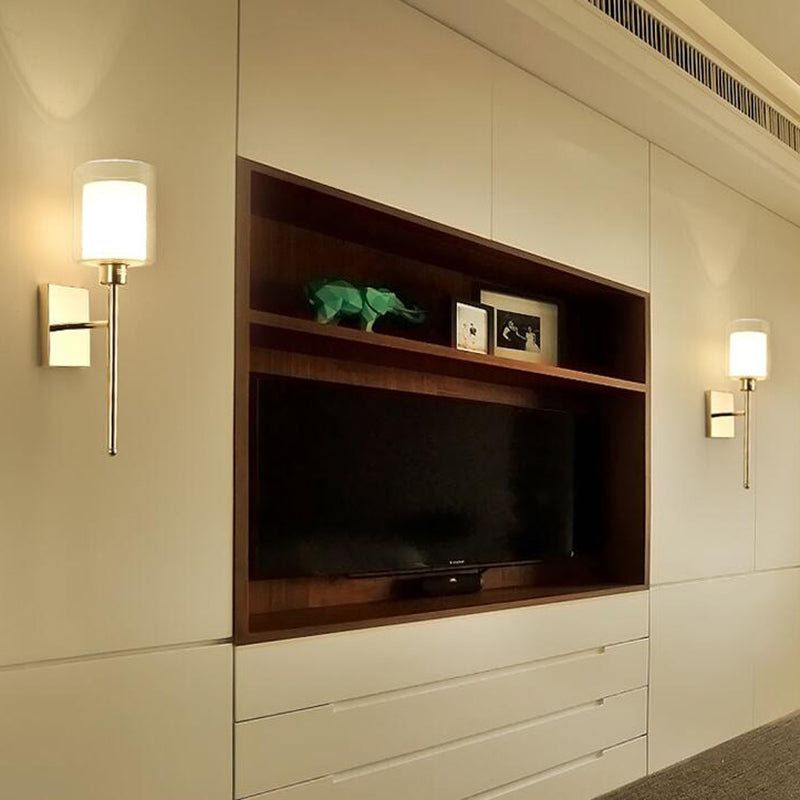 Beige/Chrome Cylindrical Sconce Modern 1 Light Smoke/Clear Glass Wall Mount Light with Switch/No Switch/Cable Switch Gold No Switch Clearhalo 'Cast Iron' 'Glass' 'Industrial' 'Modern wall lights' 'Modern' 'Tiffany' 'Traditional wall lights' 'Wall Lamps & Sconces' 'Wall Lights' Lighting' 145687