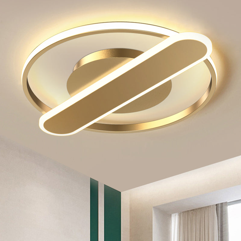 Acrylic Thin Loop LED Ceiling Lamp Modern Black/White/Gold Flush Mount Recessed Lighting with Oblong Cross Bar, 16.5"/20.5" Width Gold Clearhalo 'Ceiling Lights' 'Close To Ceiling Lights' 'Close to ceiling' 'Flush mount' Lighting' 1456923