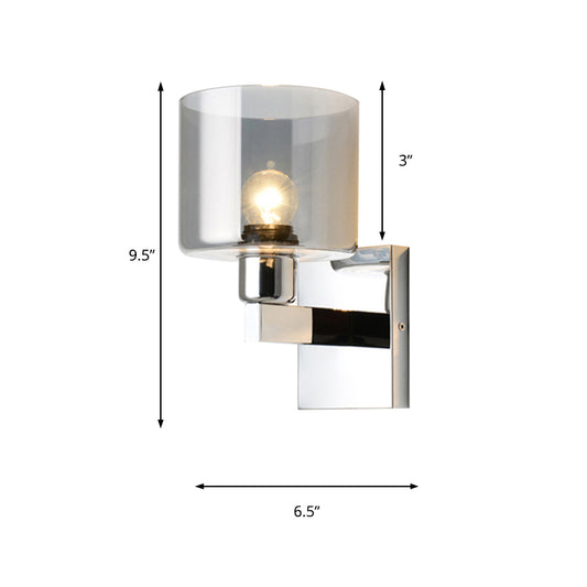 Cylindrical Grey Glass Wall Sconce Modernist 1 Light Chrome Wall Light Fixture with 1 Switch/2 Switches/No Switch Clearhalo 'Cast Iron' 'Glass' 'Industrial' 'Modern wall lights' 'Modern' 'Tiffany' 'Traditional wall lights' 'Wall Lamps & Sconces' 'Wall Lights' Lighting' 145697