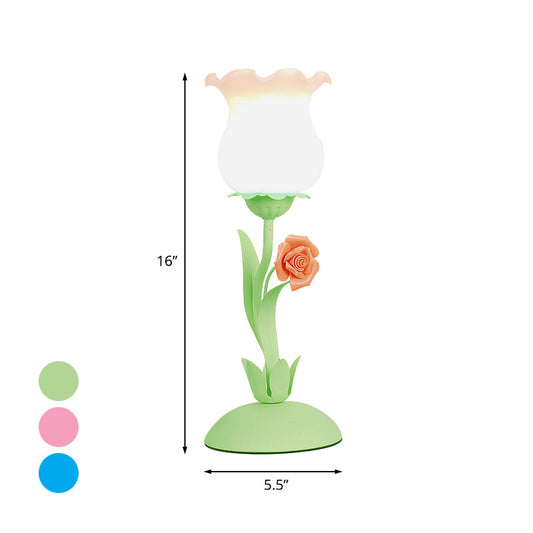 Pastoral Rose Bud Table Light 1 Head Opal Matte Glass Nightstand Lamp with Pink/Blue/Green Vine Clearhalo 'Lamps' 'Table Lamps' Lighting' 1456980