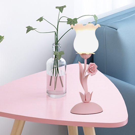 Pastoral Rose Bud Table Light 1 Head Opal Matte Glass Nightstand Lamp with Pink/Blue/Green Vine Clearhalo 'Lamps' 'Table Lamps' Lighting' 1456983