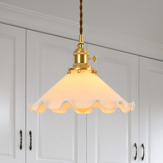 Conical Frosted White Glass Drop Pendant Pastoral 1-Light Bedroom Ceiling Lamp with Ruffle Edge White Clearhalo 'Ceiling Lights' 'Glass shade' 'Glass' 'Pendant Lights' 'Pendants' Lighting' 1457012