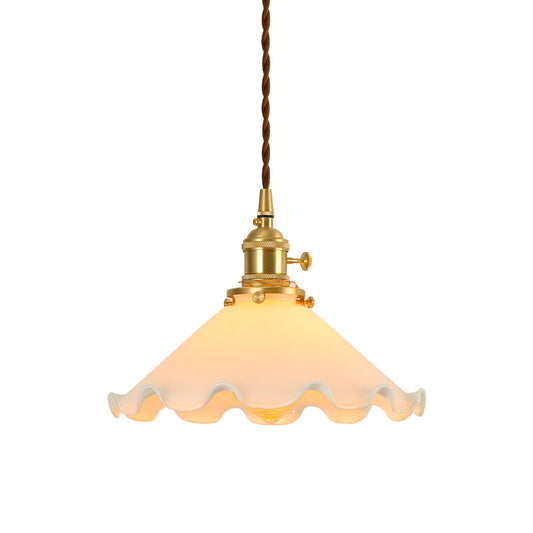 Conical Frosted White Glass Drop Pendant Pastoral 1-Light Bedroom Ceiling Lamp with Ruffle Edge Clearhalo 'Ceiling Lights' 'Glass shade' 'Glass' 'Pendant Lights' 'Pendants' Lighting' 1457015
