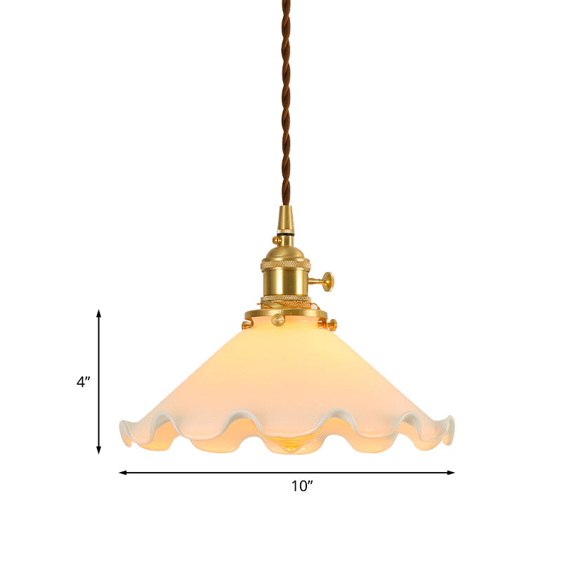 Conical Frosted White Glass Drop Pendant Pastoral 1-Light Bedroom Ceiling Lamp with Ruffle Edge Clearhalo 'Ceiling Lights' 'Glass shade' 'Glass' 'Pendant Lights' 'Pendants' Lighting' 1457016