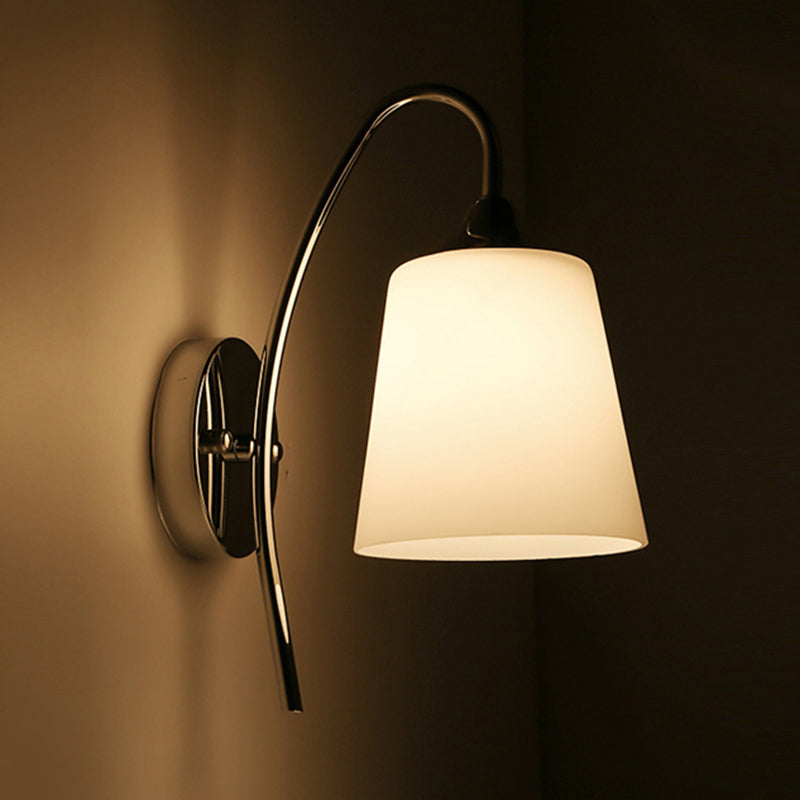 Bell Milk Glass Sconce Light Modernist 1 Light Chrome Wall Mounted Lamp with Curved Arm Clearhalo 'Cast Iron' 'Glass' 'Industrial' 'Modern wall lights' 'Modern' 'Tiffany' 'Traditional wall lights' 'Wall Lamps & Sconces' 'Wall Lights' Lighting' 145705