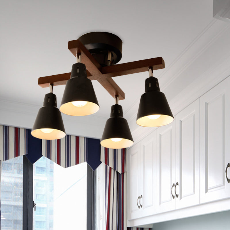 Lodge Tapered Rotatable Ceiling Fixture 4-Light Iron Semi Flush Mount Lighting in Black/White with Cross Wood Arm - Clearhalo - 'Ceiling Lights' - 'Close To Ceiling Lights' - 'Close to ceiling' - 'Semi-flushmount' - Lighting' - 1457052